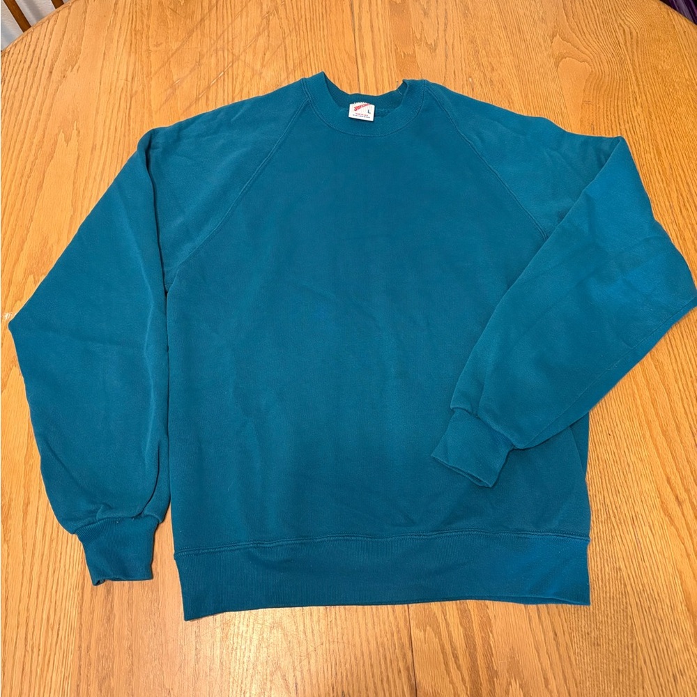 Jerzees Teal Pullover Sweater 80s Raglan Crewneck Large Colorful Comfy